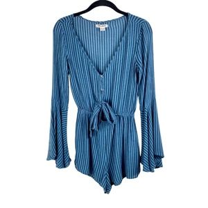 Billabong Blue Monochromatic Stripe Romper w/ Bell Sleeves and Midriff Cutout